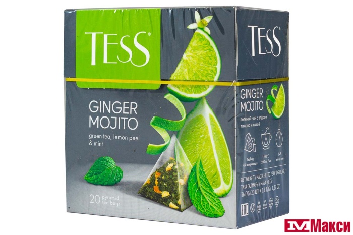 ЧАЙ "TESS" GINGER MOJITO ЗЕЛЕНЫЙ С ЦЕДРОЙ ЛИМОНА И МЯТОЙ 20 ПАКЕТИКОВ-ПИРАМИДОК (ОРИМИ-ТРЭЙД)