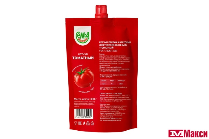 КЕТЧУП "СЕМЬЯ ДОВОЛЬНА" ТОМАТНЫЙ" 350Г ПАКЕТ