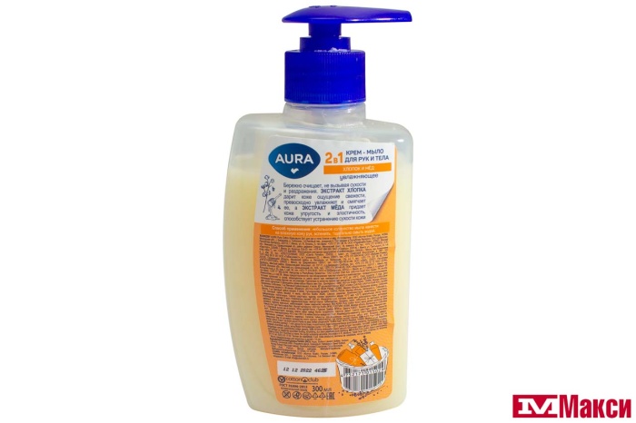 КРЕМ-МЫЛО ЖИДКОЕ "AURA" 2В1 ДЛЯ РУК И ТЕЛА ХЛОПОК И МЕД 300МЛ