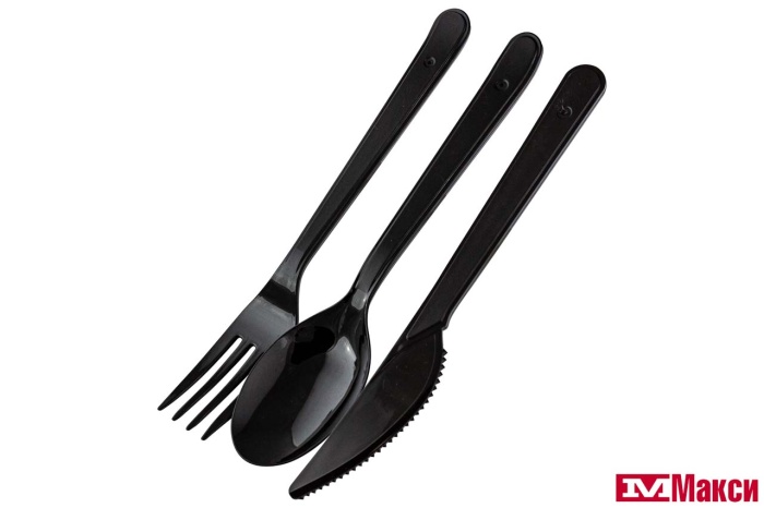 посуда: набор столовых приборов одноразовый черный для 1 персоны (вилка,ложка,нож) (семья довольна)