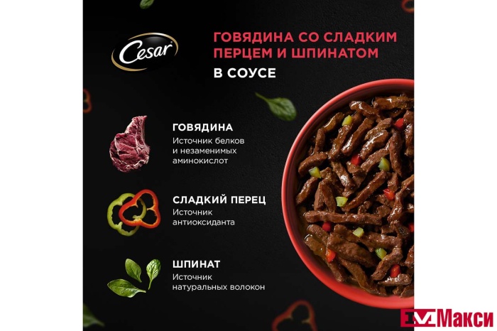 КОРМ ДЛЯ СОБАК "CESAR" 80Г ПАУЧ (с говядиной, паприкой и шпинатом в соусе)