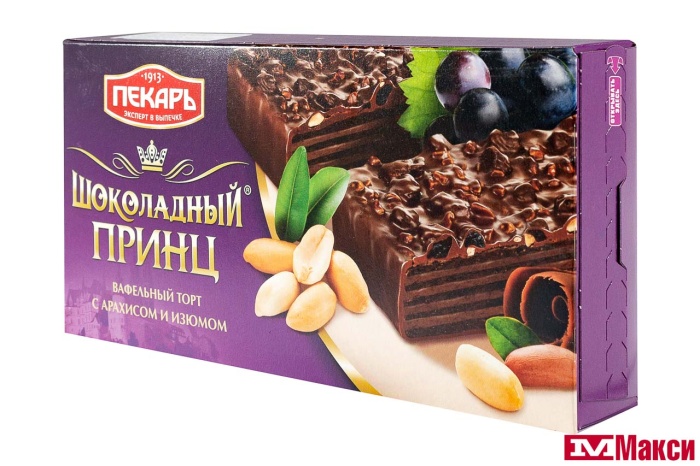 ТОРТ "ШОКОЛАДНЫЙ ПРИНЦ" С АРАХИСОМ И ИЗЮМОМ 260Г (ПЕКАРЬ)