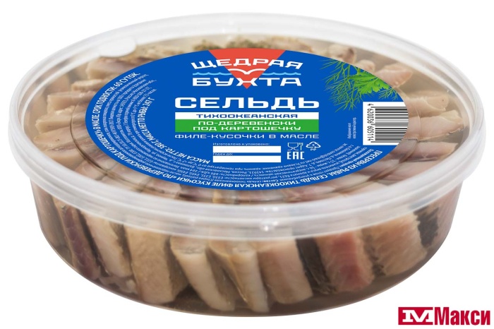 ПРЕСЕРВЫ (ЩЕДРАЯ БУХТА) СЕЛЬДЬ "ПО-ДЕРЕВЕНСКИ ПОД КАРТОШЕЧКУ" ФИЛЕ-КУСОЧКИ В МАСЛЕ С/С 380Г