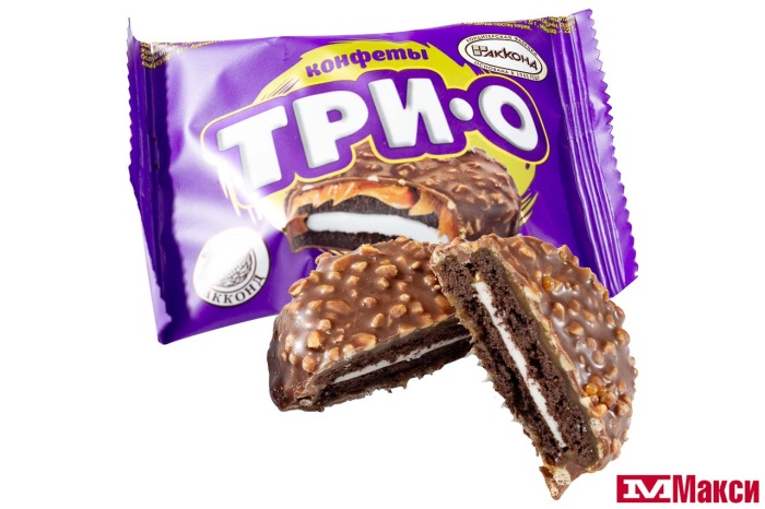 КОНФЕТЫ "ТРИО" С ПЕЧЕНЬЕМ,КАРАМЕЛЬЮ И НАЧИНКОЙ СО ВКУСОМ ПЛОМБИРА (АККОНД)