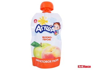 пюре "агуша" фруктовое в ассортименте 90гр пакет (вимм-билль-данн) (детское питание)(яблоко-персик)