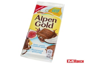 шоколад "альп.голд" c сушеным инжиром,кокосовой стружкой и соленым крекером 85гр (мон' дэлис русь) 