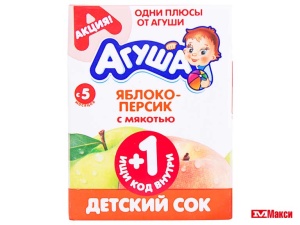 сок "агуша" в ассортименте 200мл пакет (вимм-билль-данн) (детское питание)(яблоко и персик с мякотью (с 5 мес.))